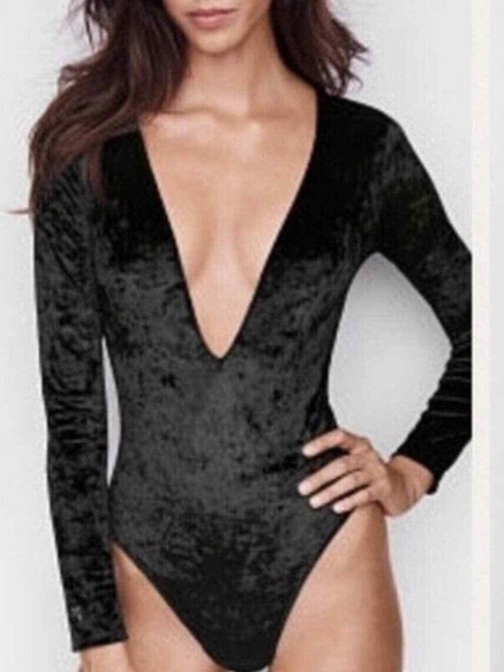 Victoria's Secret Black Crushed Velvet Deep V-Neck Plunge Bodysuit. XS/S. NWT!